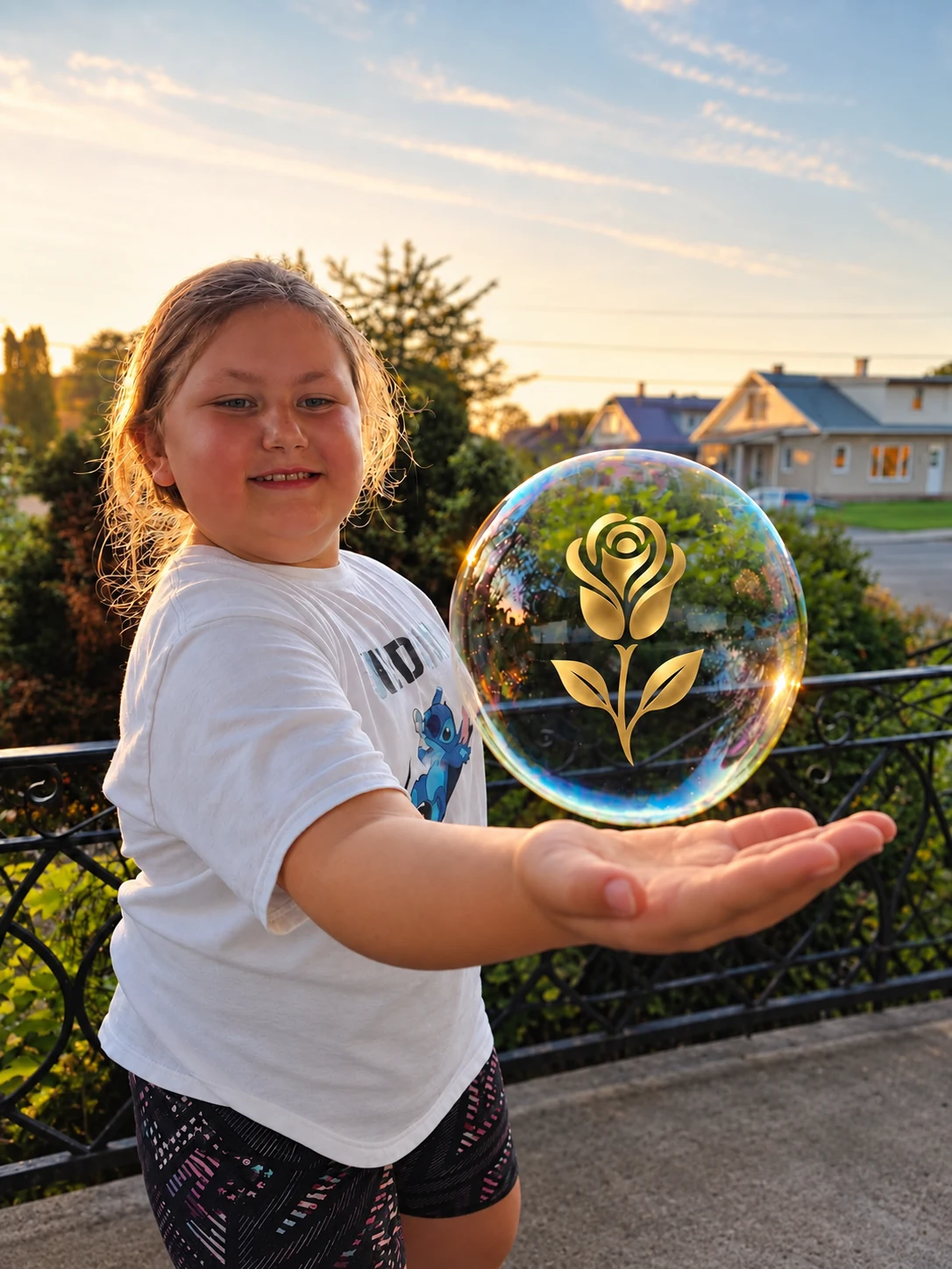 Emma Rose tend la main sous une bulle irisée ornée d’une rose dorée, sur un balcon au coucher du soleil.