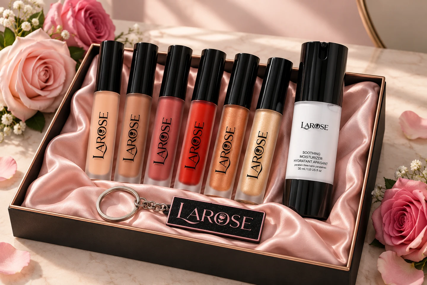 Les six gloss LaRose, la crème hydratante et le porte-clés, présentés dans un coffret noir sur du satin rose entouré de roses.